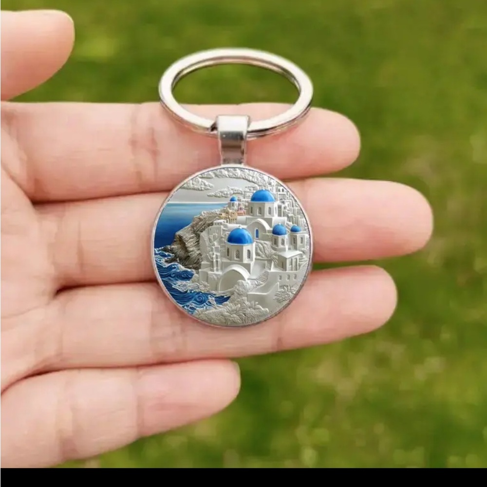 Scenic Keychain with Blue and White Design